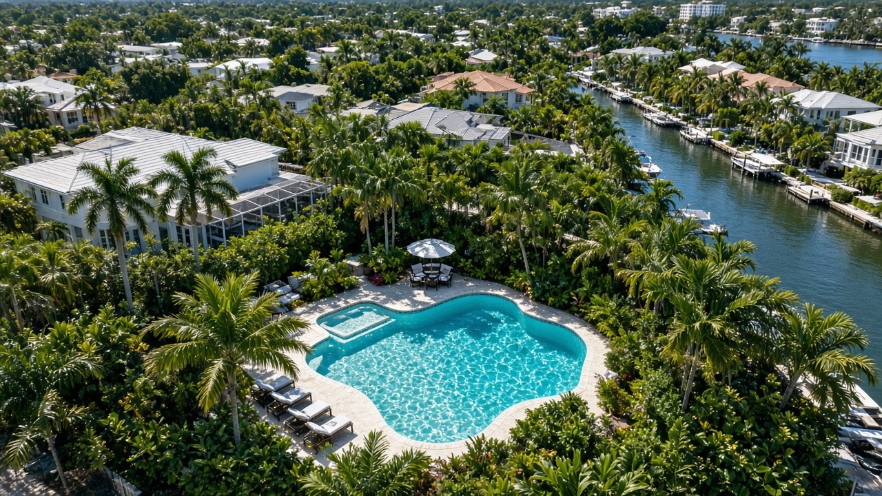 Aerial view of a pool among palm trees in Fort Lauderdale