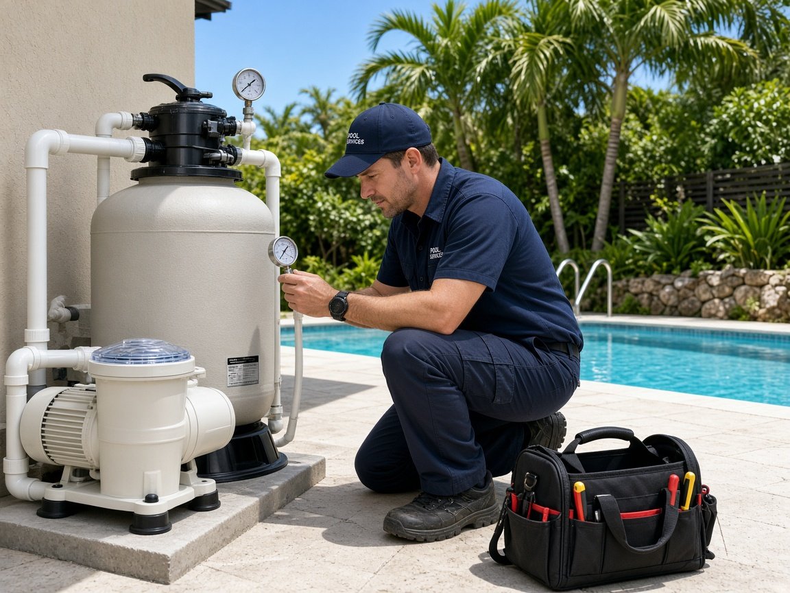 Technician checking pool pump and filter