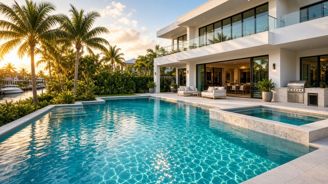 Clear backyard pool with palm trees at sunset in Fort Lauderdale