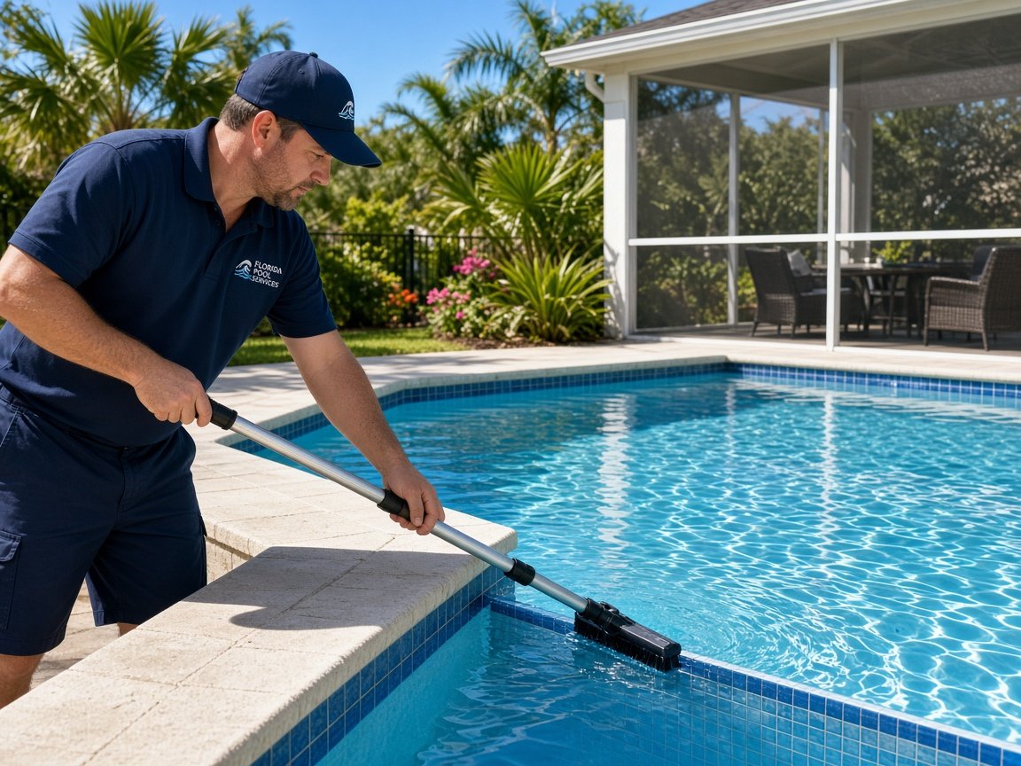 Technician brushing pool walls