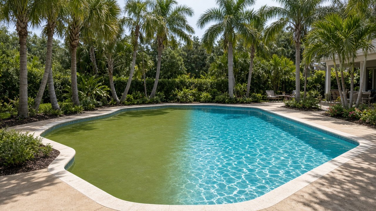 Same pool green before and clear after